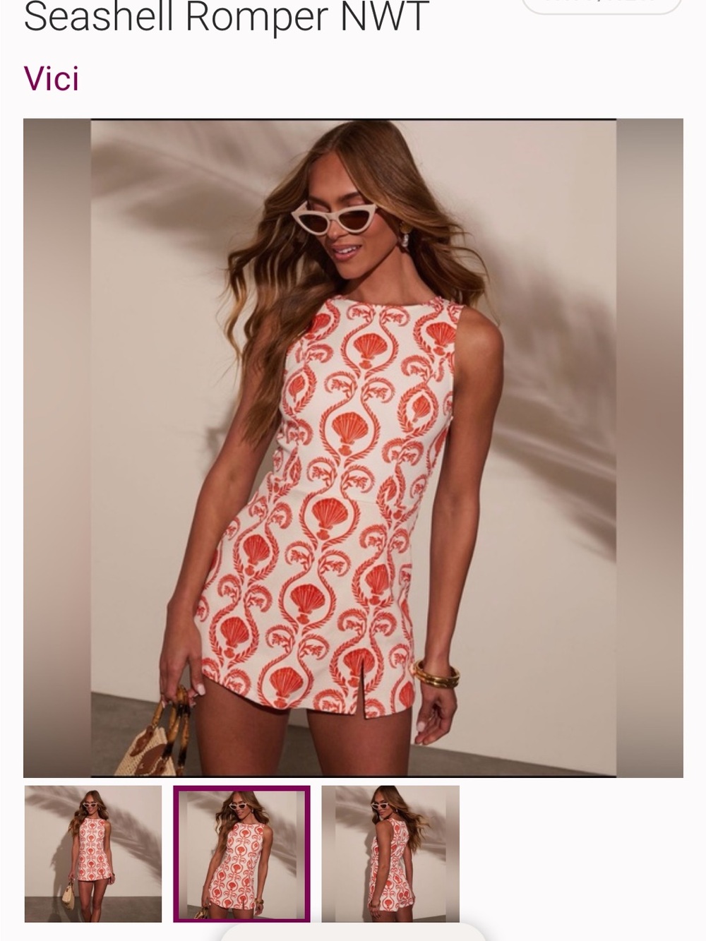 Vici Nautical Seashell Print Mini romper - Coral/White M - Picture 2 of 4